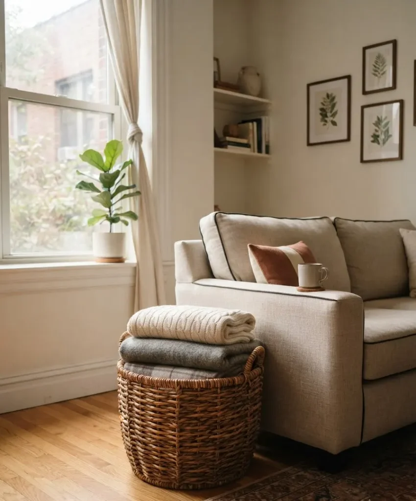 Try a woven basket for blanket storage