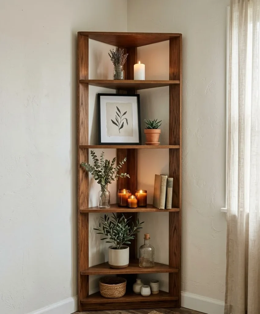 Use a corner shelf unit to create a mini display zone