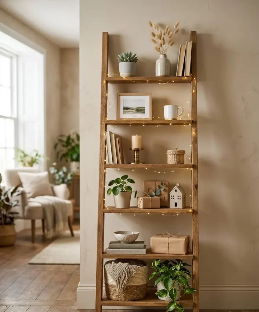 Use a ladder shelf as a vertical Christmas display