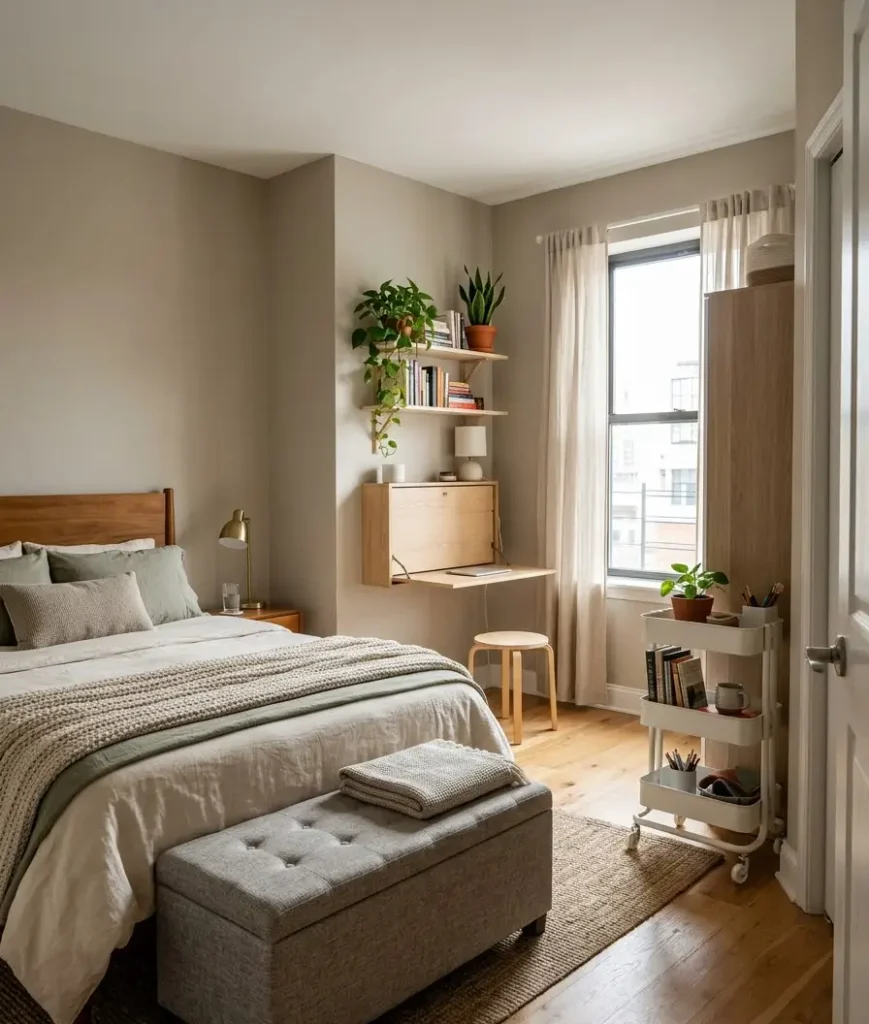 Use a trunk or ottoman with storage at the foot 
