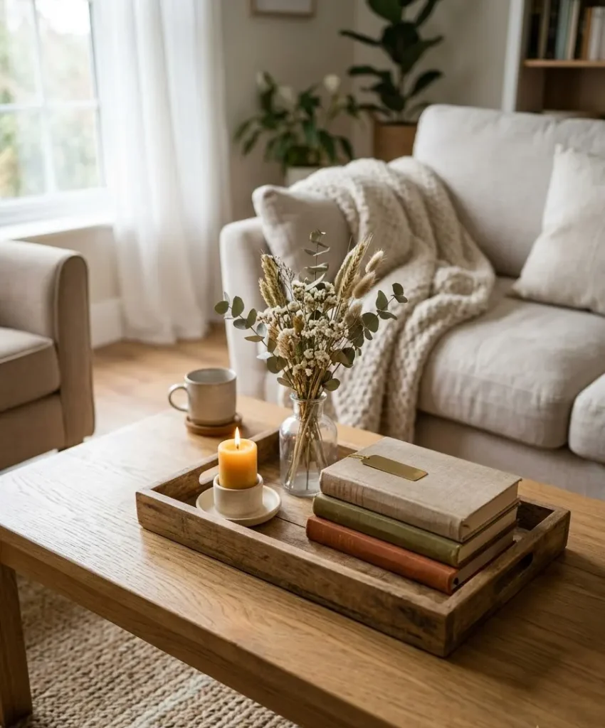 Use a wooden tray to corral coffee table