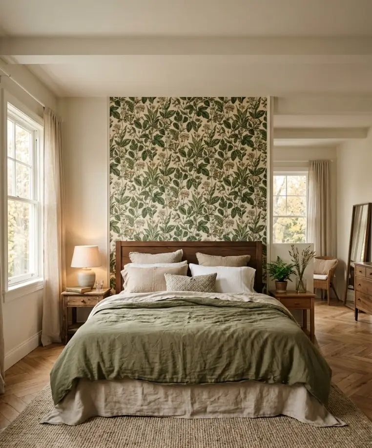 Use removable wallpaper behind the headboard