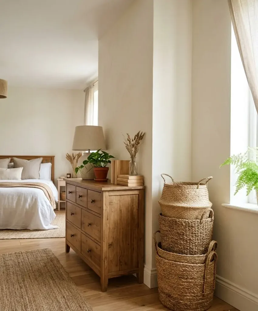Use woven baskets for open storage instead of plastic bi