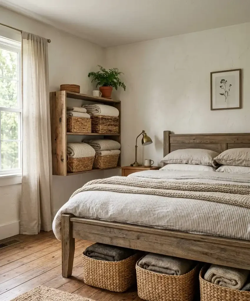 Use woven baskets for visible storage
