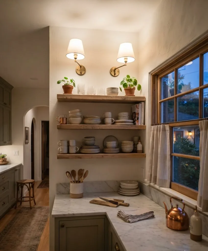 Wall sconces near shelves or windows