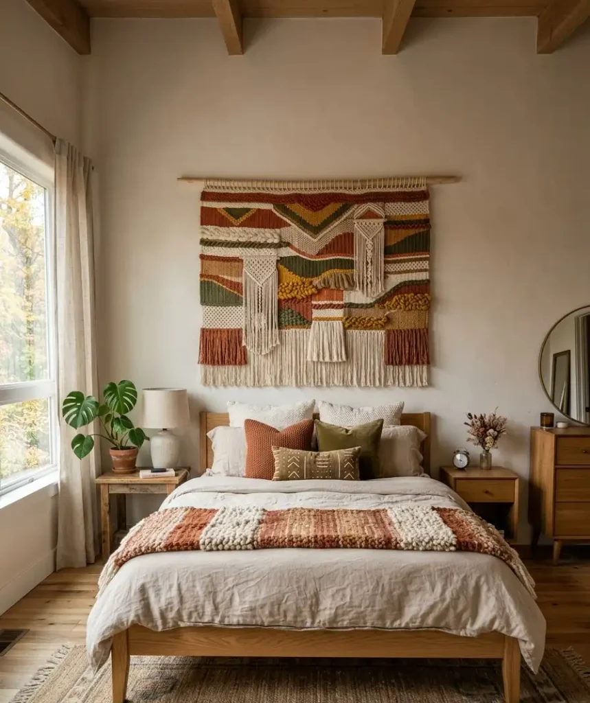 Woven wall hanging with fall colors