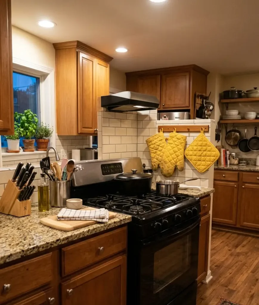 Yellow oven mitts and pot holders