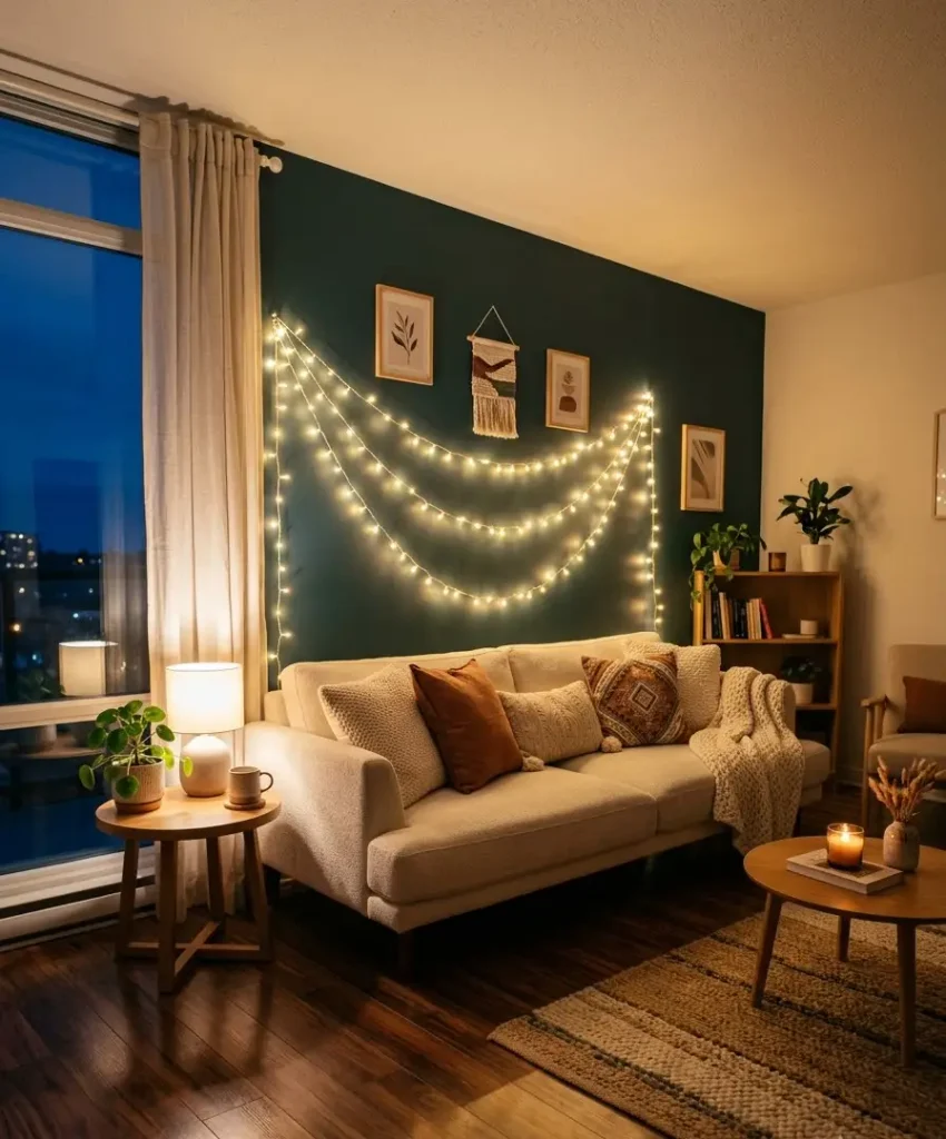 tring lights along one wall, not the whole room