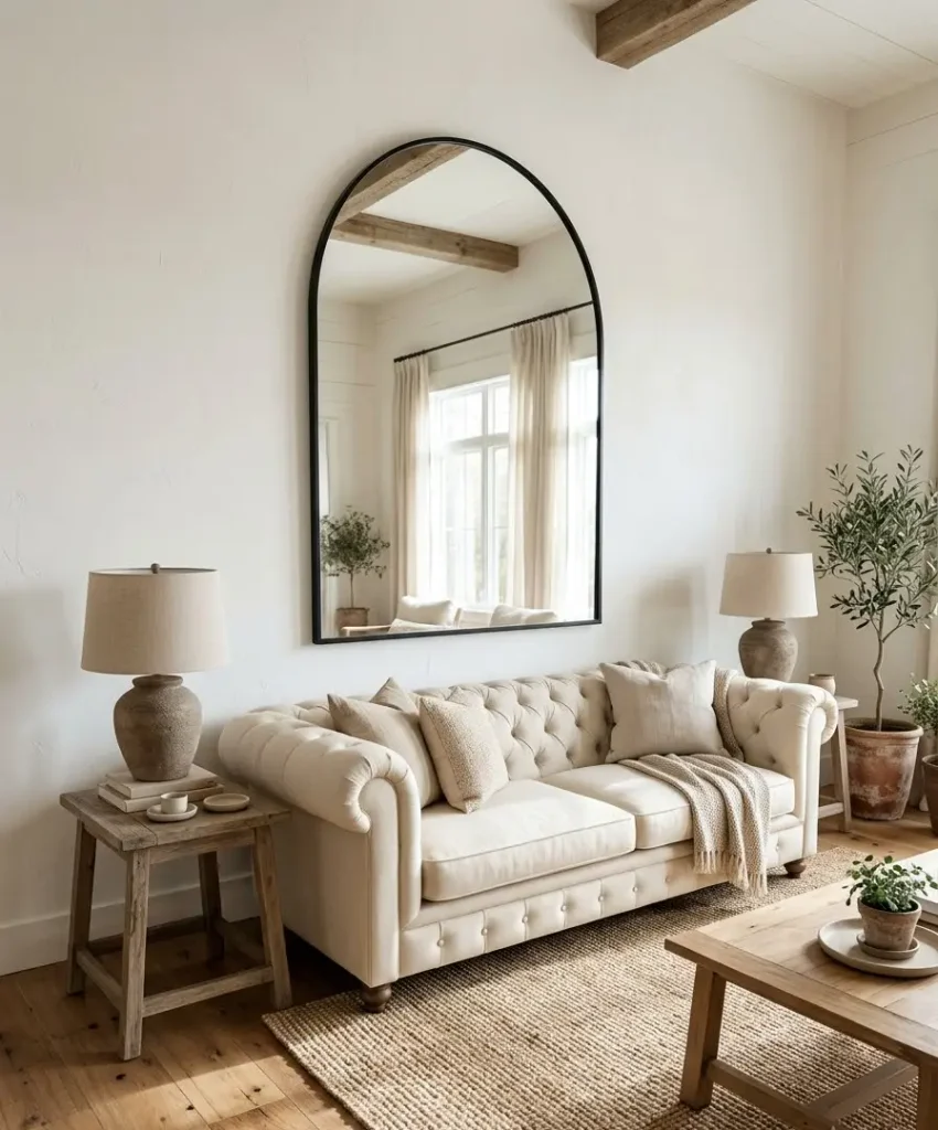 A big mirror above the sofa