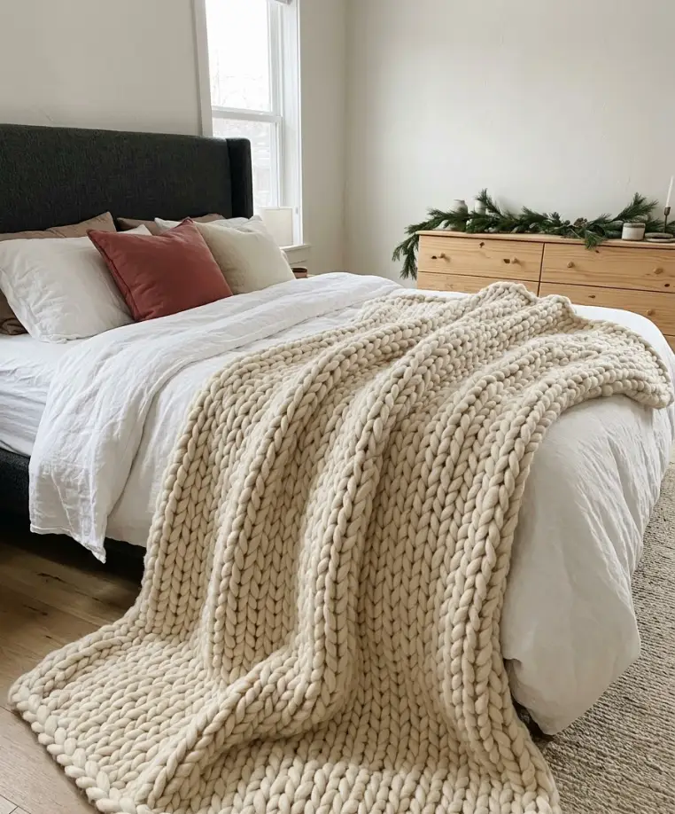 A chunky knit throw at the foot of the bed