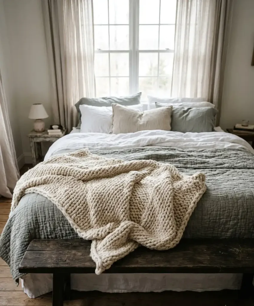 A chunky knit throw at the foot of the bed