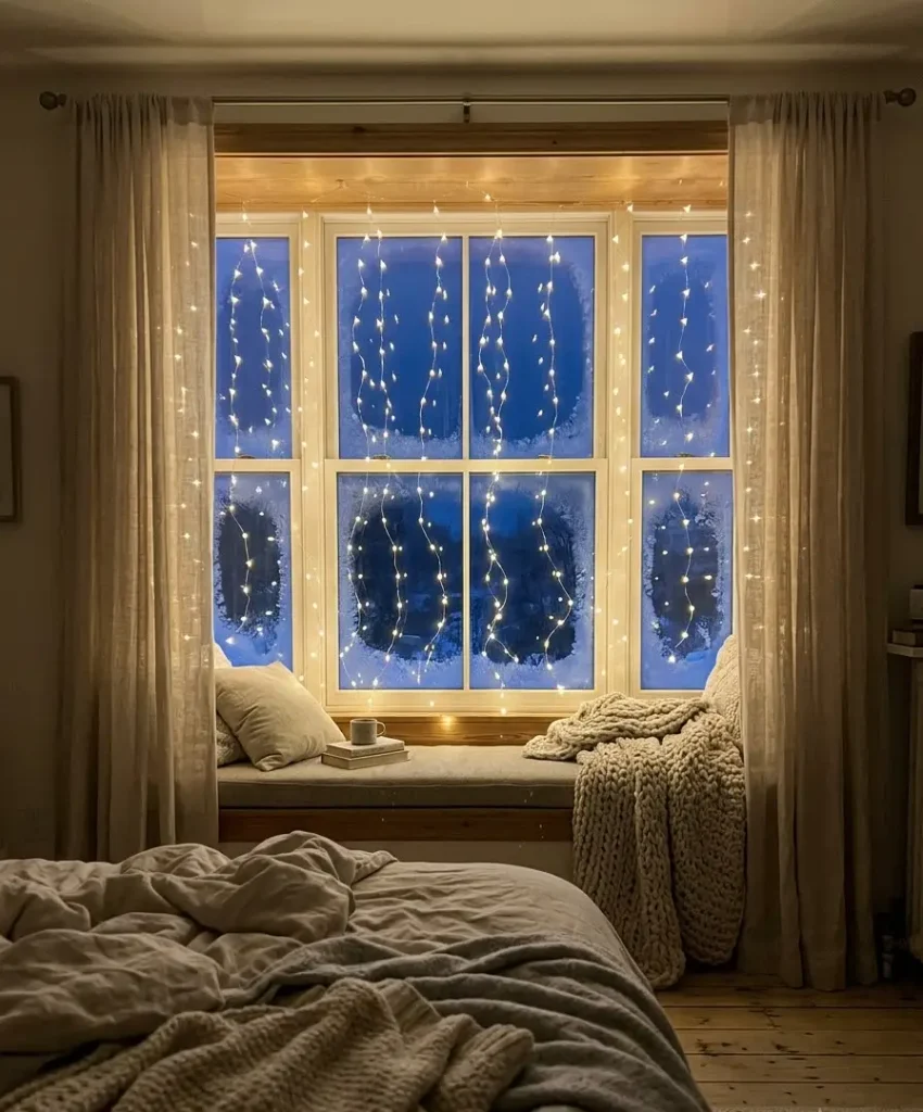 A fairy light curtain over the window