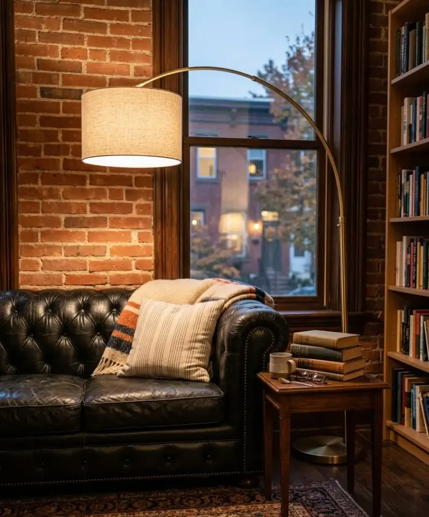 A floor lamp with a fabric shade