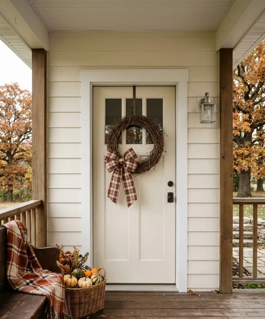 A grapevine wreath with a single bold bow