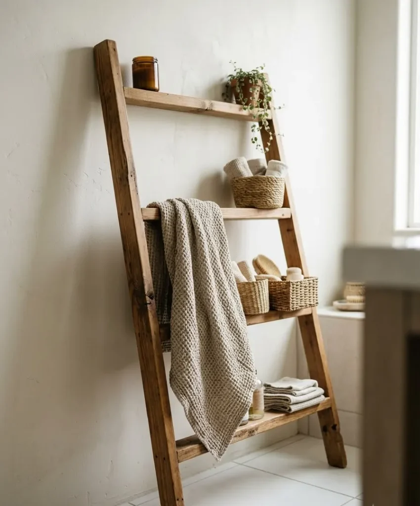 A ladder shelf that leans