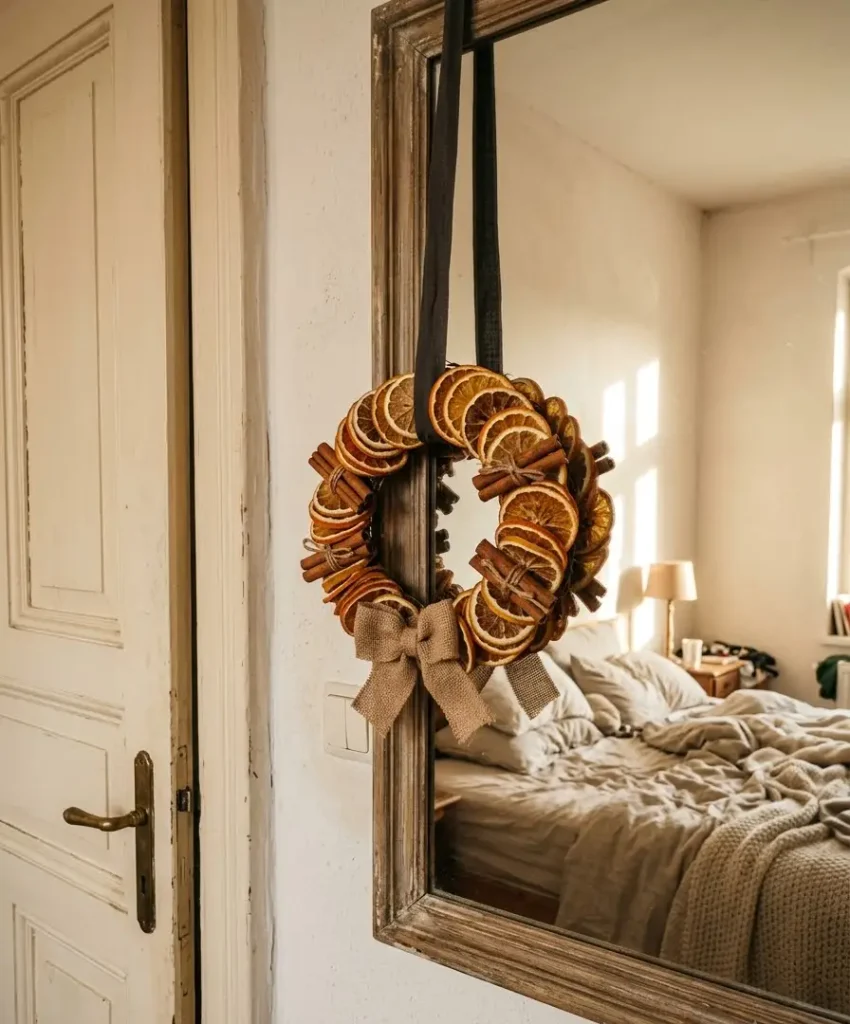 A mini wreath on the bedroom door or mirror