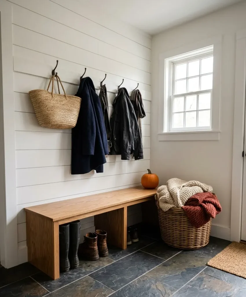 . A mudroom basket of blankets