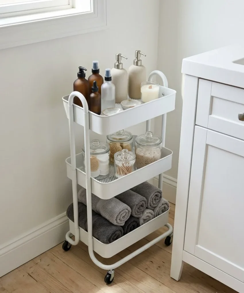 A narrow rolling cart
