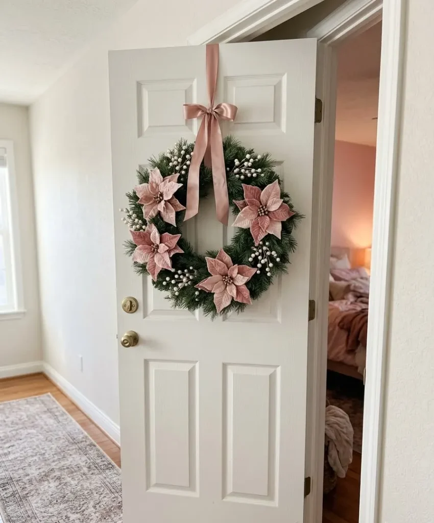 A pink wreath on the bedroom door