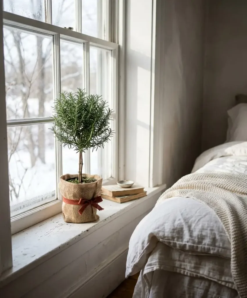 A potted rosemary or mini evergreen