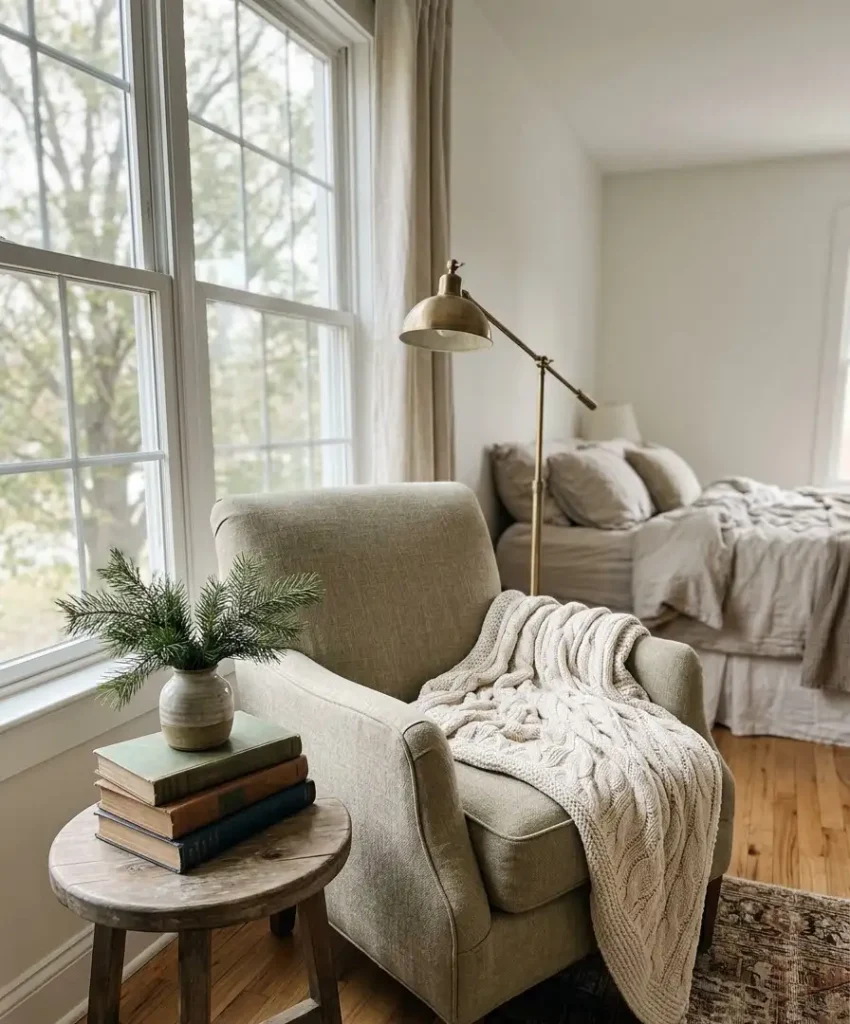 A reading nook with a stack of seasonal books