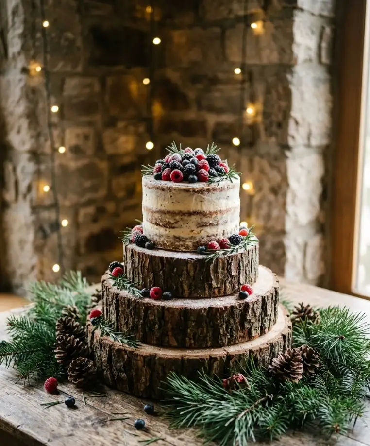 A rustic cake table with log slices