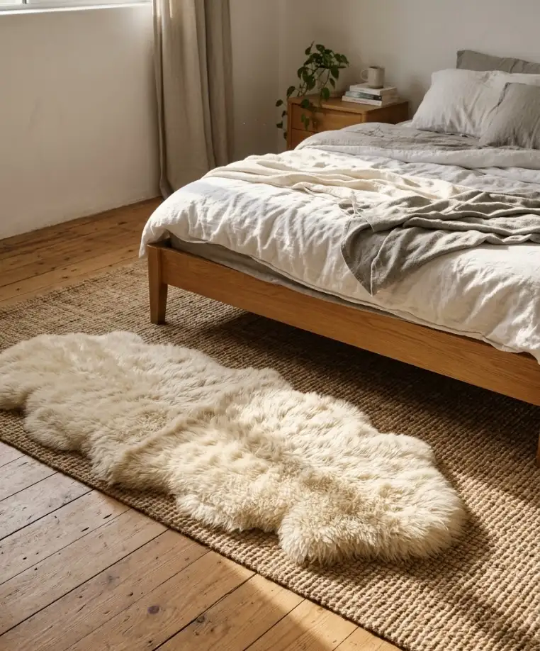 A sheepskin rug beside the bed