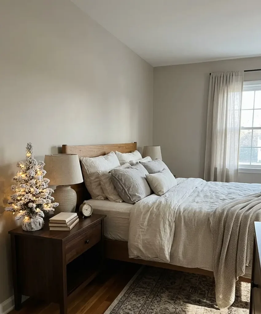 A tabletop tree on the nightstand