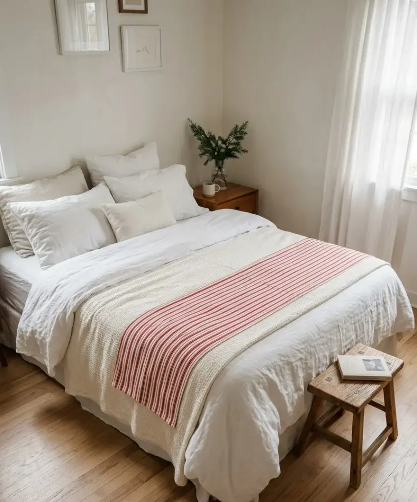 Add a red and white striped bed skirt or runner