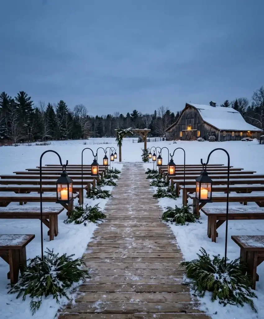Aisle lined with lantern and pine bundles