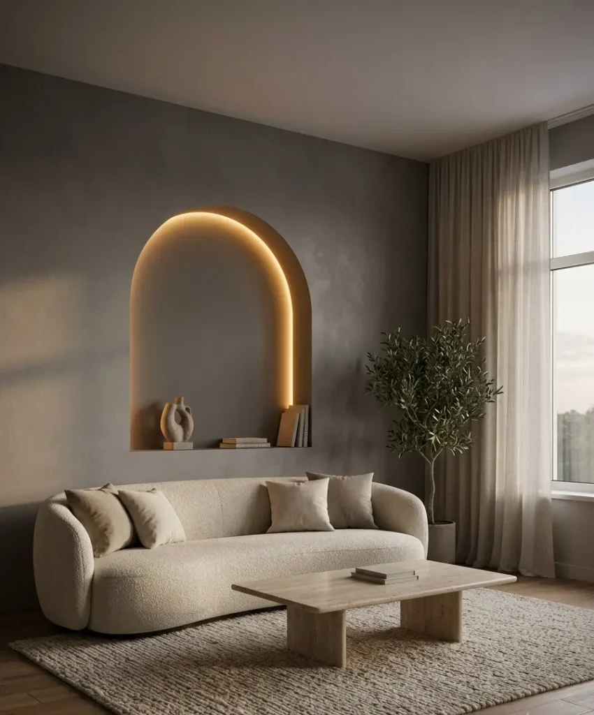 Arched niche wall with warm lighting