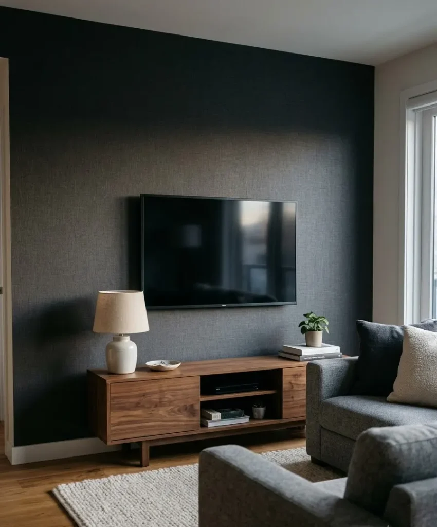 Behind a mounted TV