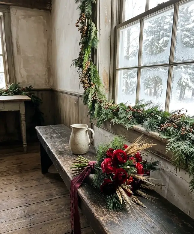 Bouquets of red ranunculus and pine