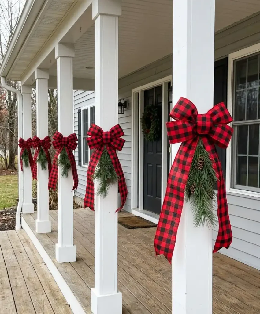 Buffalo check bows on porch posts