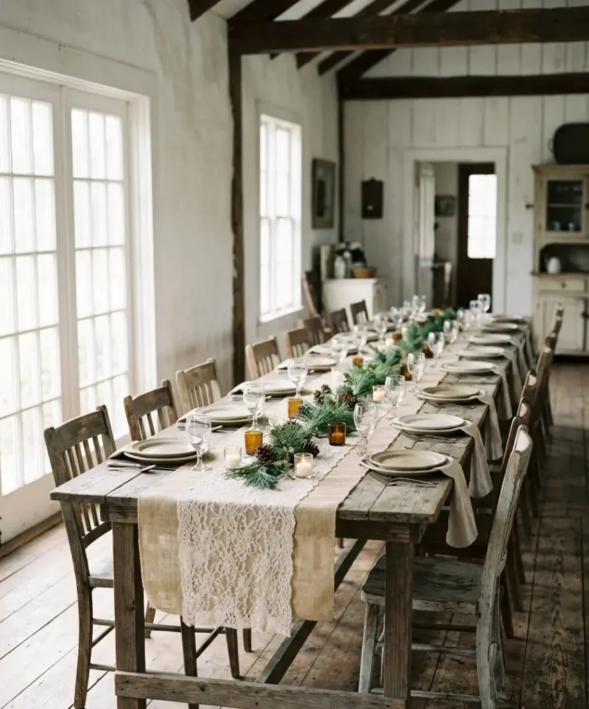 Burlap and lace table runners