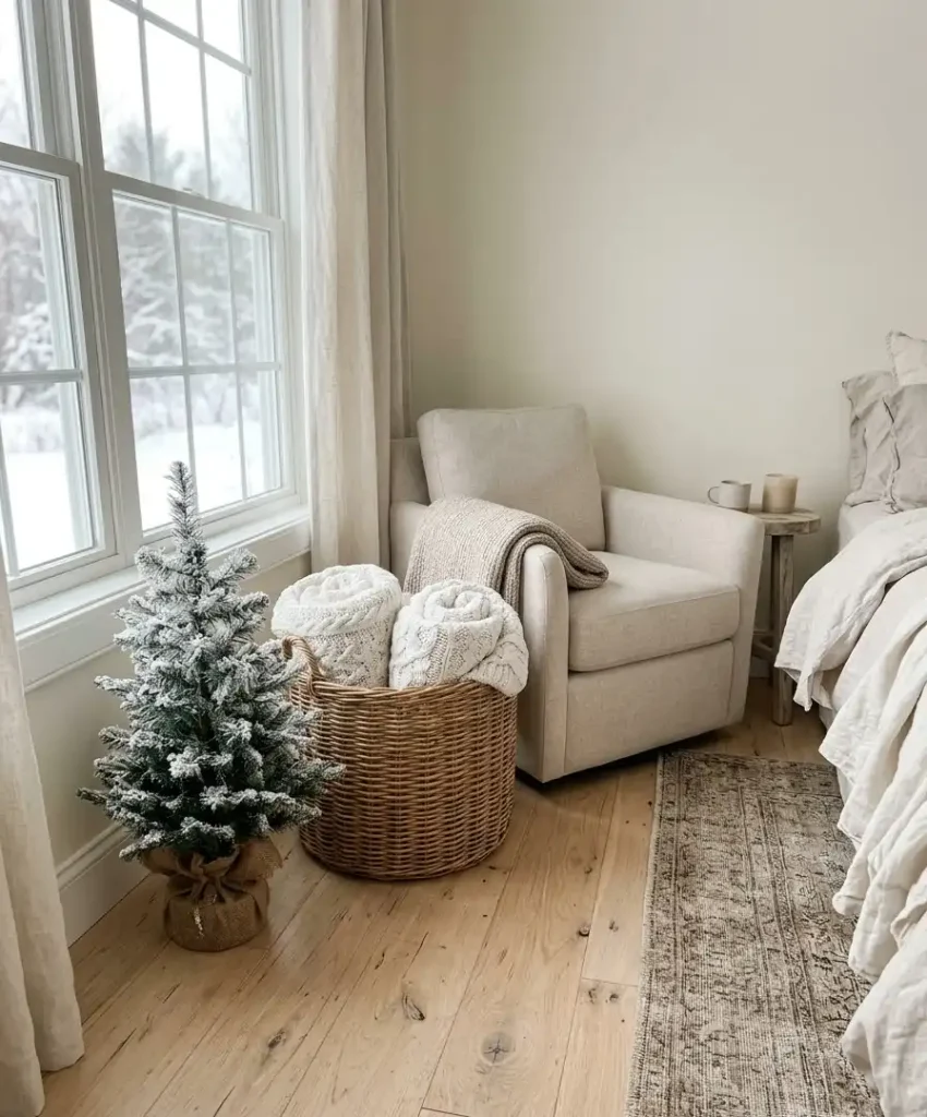 Cable-knit white blanket basket