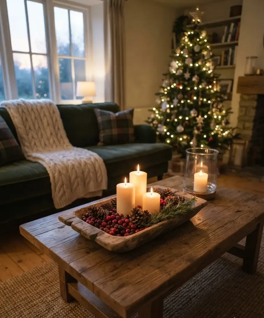 Candle clusters on a wooden tray