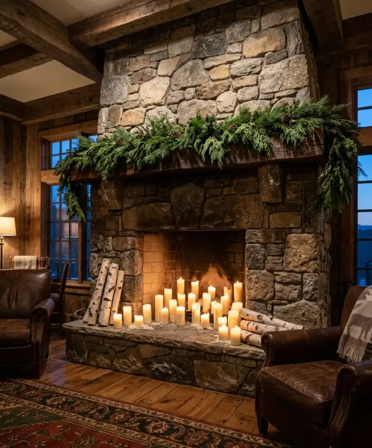 Candle-filled fireplace