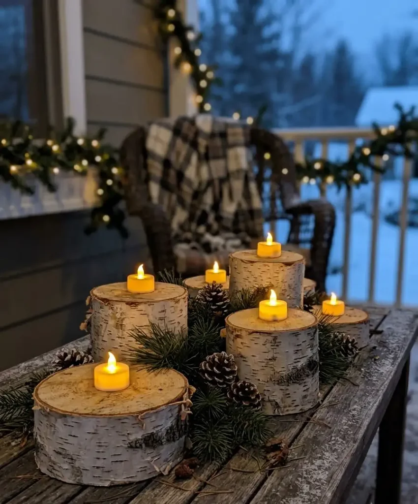 Candle-lit birch logs