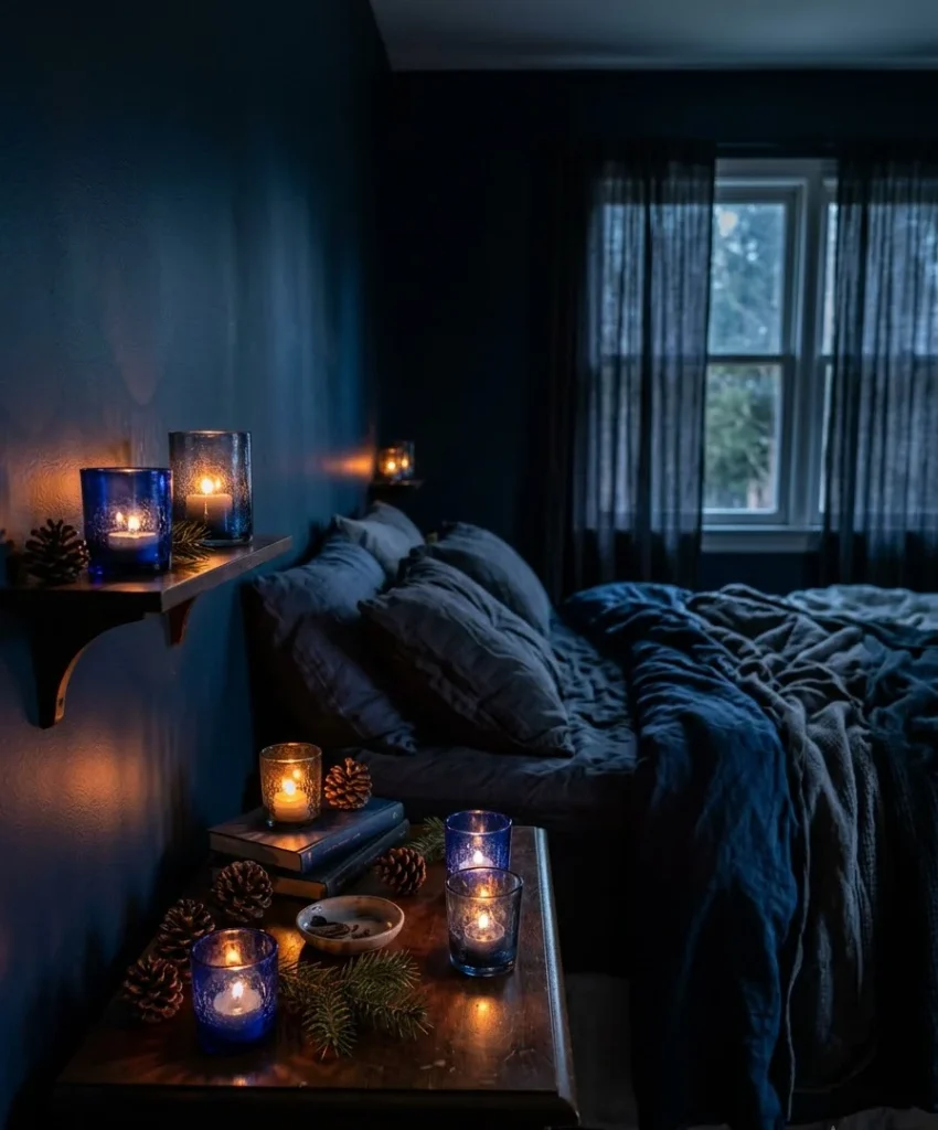 Candles in blue glass holders