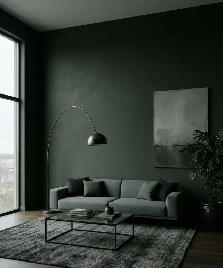 Charcoal-green with modern lighting