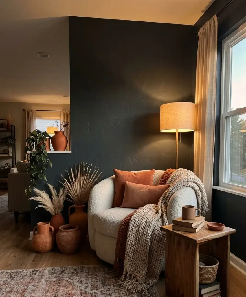 Charcoal wall with terracotta accents