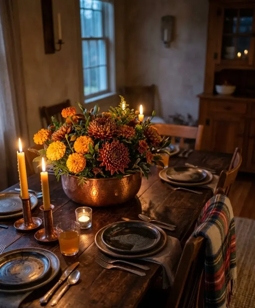 Copper bowl of marigolds and