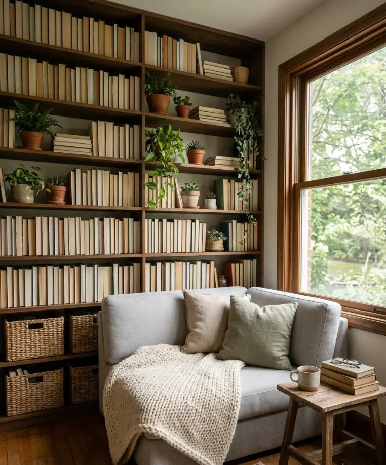 Corner sofa with a built-in shelf wall