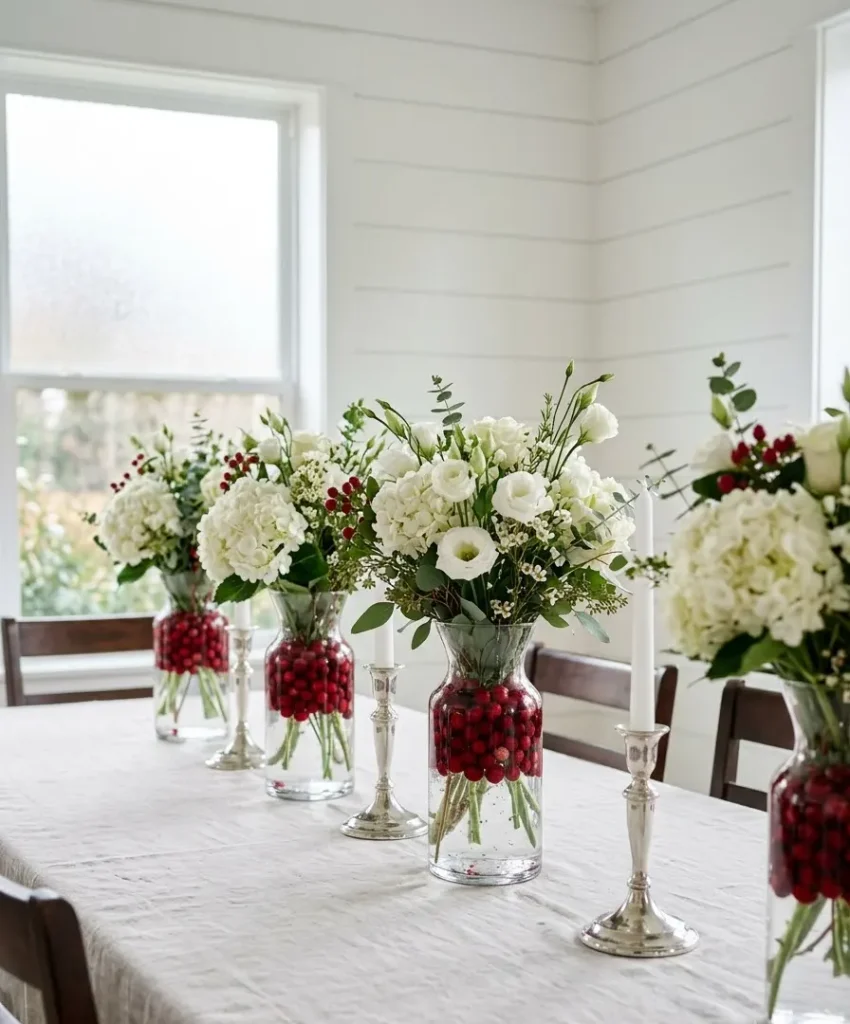 Cranberry-filled vases with white blooms
