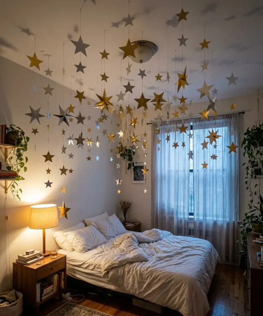 Cut out paper stars for a ceiling cluste