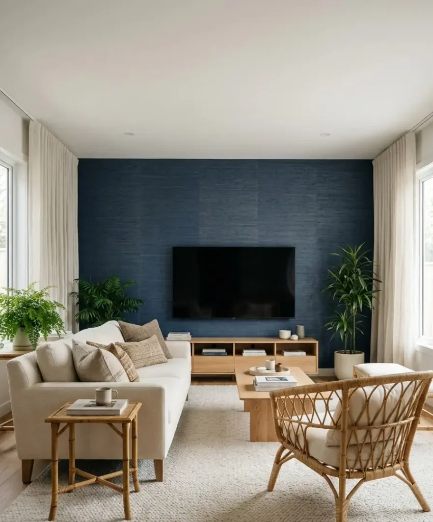 Dark grasscloth or textured wallpaper