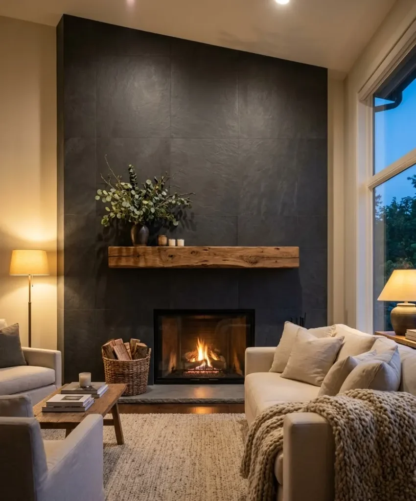 Dark grey tile fireplace wall with