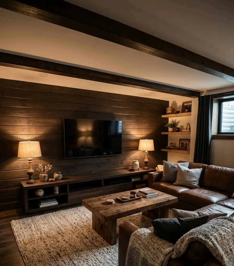 Dark stained shiplap in a den