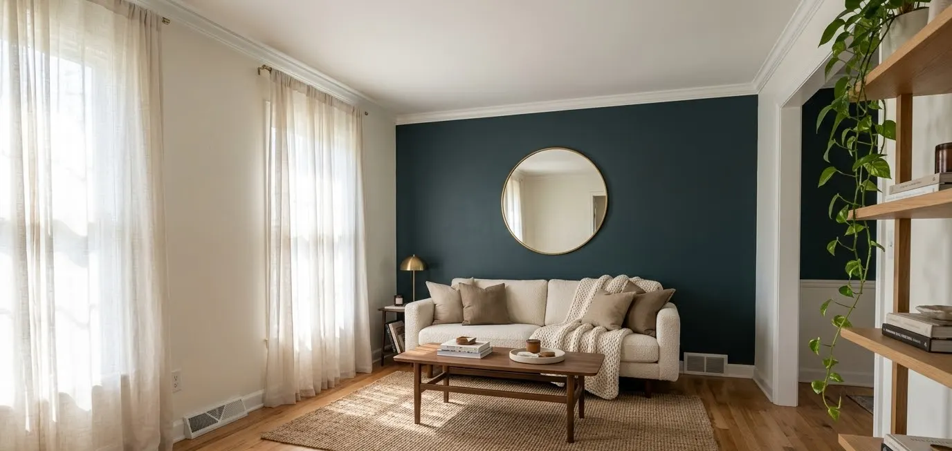 Dark Teal Accent Wall Living Room Ideas With Wood Cream And Gold Accents